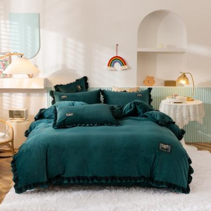 91家纺网 家纺一手货源 找家纺 仟网汇2021新款水晶绒蕾丝款四件套 薄荷绿