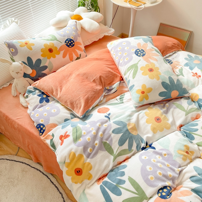 91家纺网 家纺一手货源 找家纺 安哆啦 2021新款220g牛奶绒简约款四件套 花海