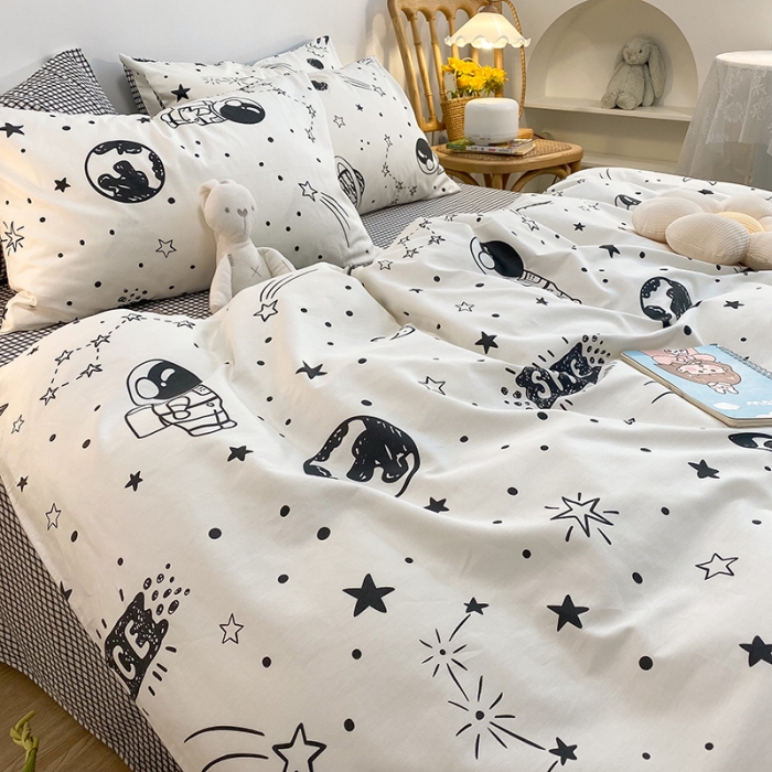 91家纺网 家纺一手货源 找家纺 简宜家居2021新款全棉小清新四件套 白色太空漫步