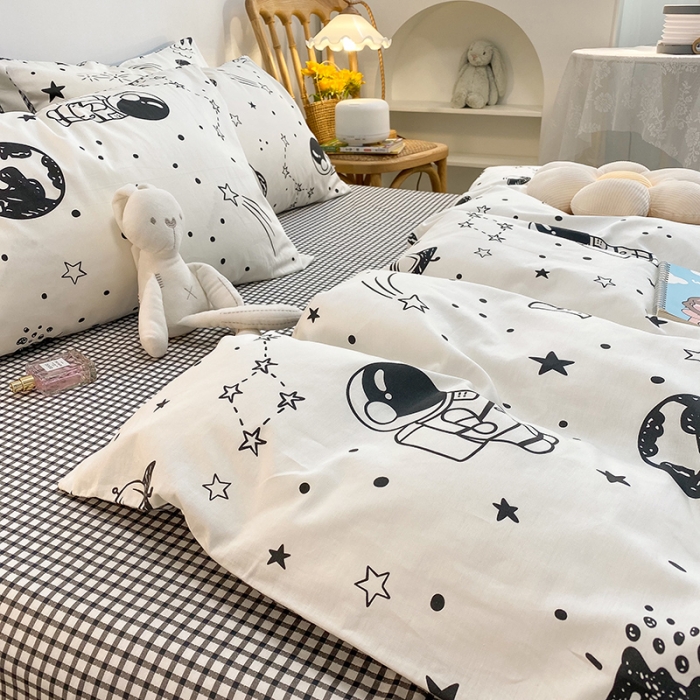 91家纺网 家纺一手货源 找家纺 简宜家居2021新款全棉小清新四件套 白色太空漫步