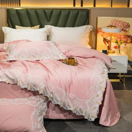91家纺网 家纺一手货源 找家纺 榻尚家居新款纯美蕾丝大花边长绒棉贡缎四件套 安娜 粉
