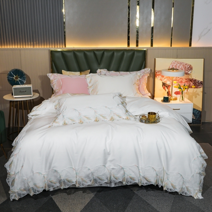 91家纺网 家纺一手货源 找家纺 （总）榻尚家居新款纯美蕾丝大花边长绒棉贡缎四件套