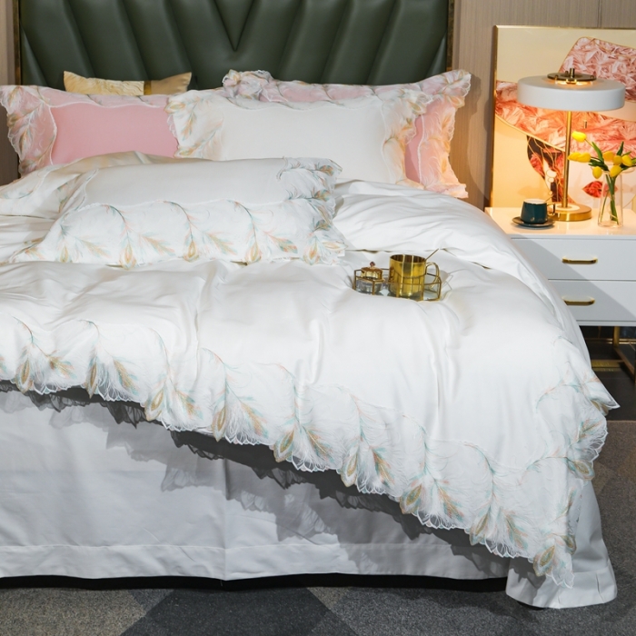 91家纺网 家纺一手货源 找家纺 （总）榻尚家居新款纯美蕾丝大花边长绒棉贡缎四件套