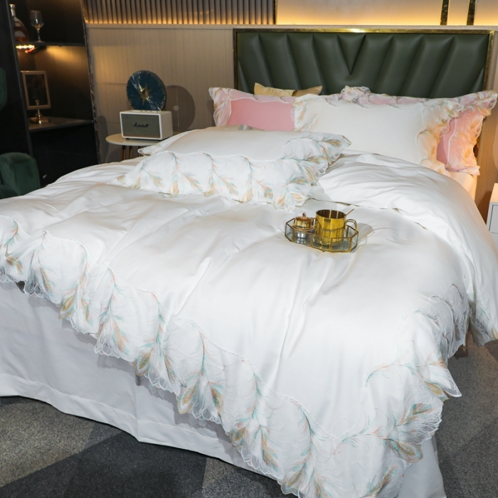 91家纺网 家纺一手货源 找家纺 榻尚家居新款纯美蕾丝大花边长绒棉贡缎四件套 安娜 白