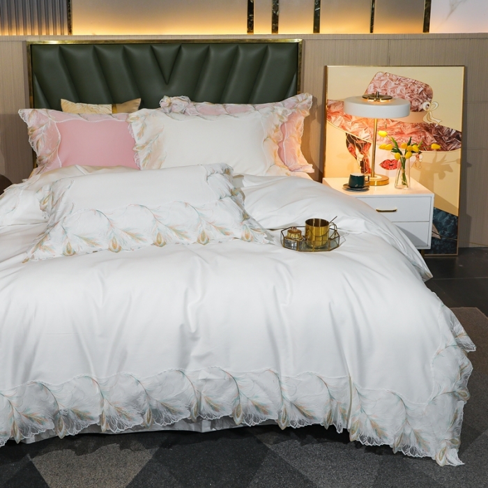 91家纺网 家纺一手货源 找家纺 榻尚家居新款纯美蕾丝大花边长绒棉贡缎四件套 安娜 白