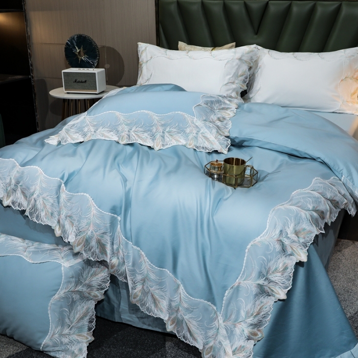 91家纺网 家纺一手货源 找家纺 榻尚家居新款纯美蕾丝大花边长绒棉贡缎四件套 安娜 天蓝