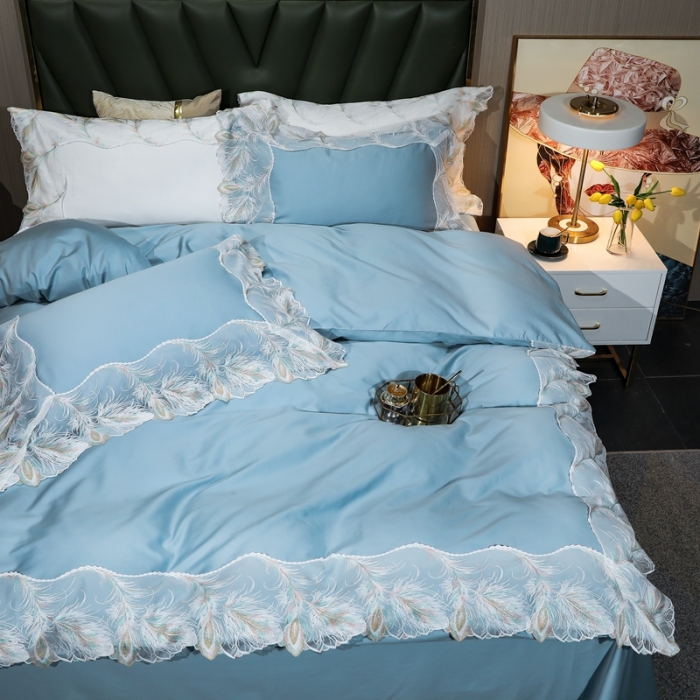 91家纺网 家纺一手货源 找家纺 榻尚家居新款纯美蕾丝大花边长绒棉贡缎四件套 安娜 天蓝