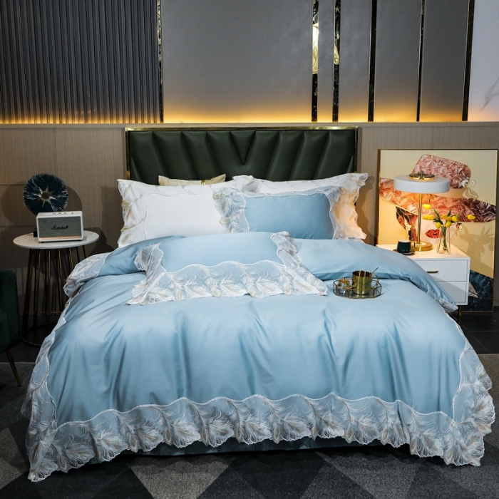 91家纺网 家纺一手货源 找家纺 榻尚家居新款纯美蕾丝大花边长绒棉贡缎四件套 安娜 天蓝