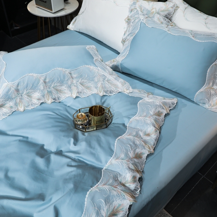 91家纺网 家纺一手货源 找家纺 榻尚家居新款纯美蕾丝大花边长绒棉贡缎四件套 安娜 天蓝