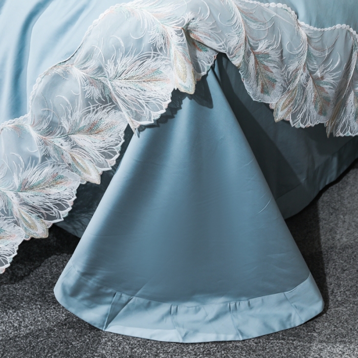 91家纺网 家纺一手货源 找家纺 榻尚家居新款纯美蕾丝大花边长绒棉贡缎四件套 安娜 天蓝