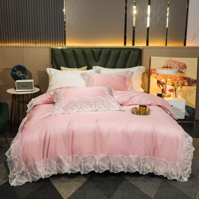 91家纺网 家纺一手货源 找家纺 榻尚家居新款纯美蕾丝大花边长绒棉贡缎四件套 安娜 粉