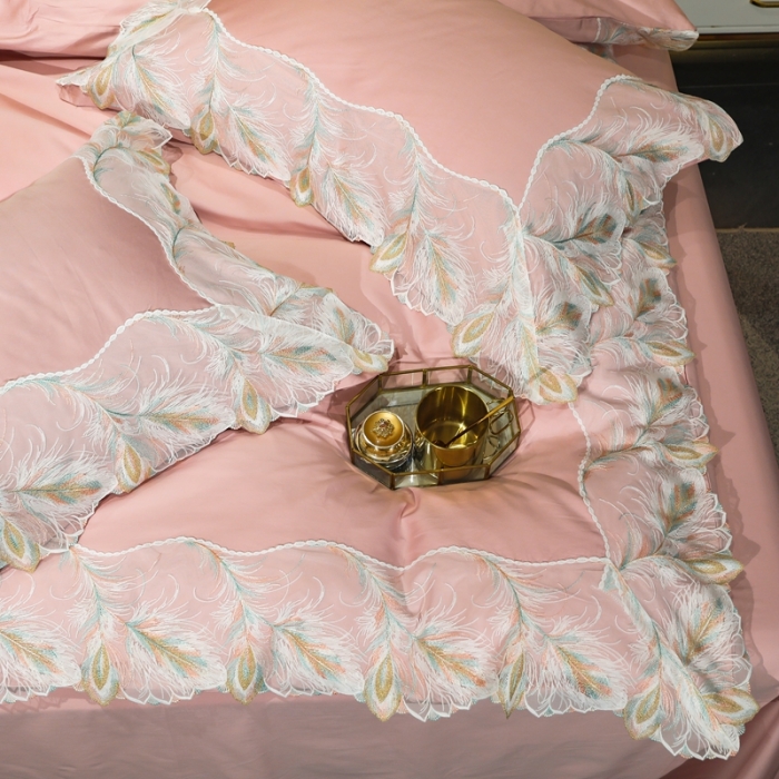91家纺网 家纺一手货源 找家纺 榻尚家居新款纯美蕾丝大花边长绒棉贡缎四件套 安娜 粉