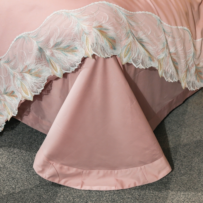 91家纺网 家纺一手货源 找家纺 榻尚家居新款纯美蕾丝大花边长绒棉贡缎四件套 安娜 粉