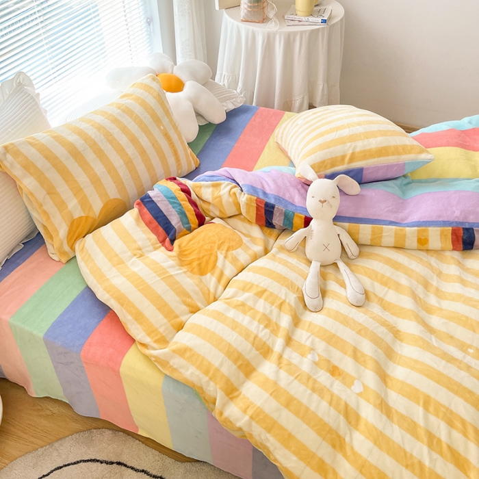 91家纺网 家纺一手货源 找家纺 安哆啦 2021新款220g牛奶绒简约款四件套 彩虹洋