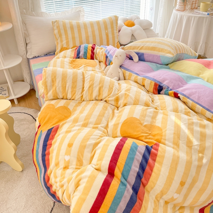 91家纺网 家纺一手货源 找家纺 安哆啦 2021新款220g牛奶绒简约款四件套 彩虹洋