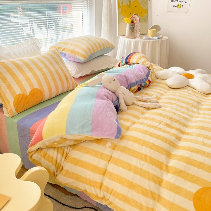 91家纺网 家纺一手货源 找家纺 安哆啦 2021新款220g牛奶绒简约款四件套 彩虹洋