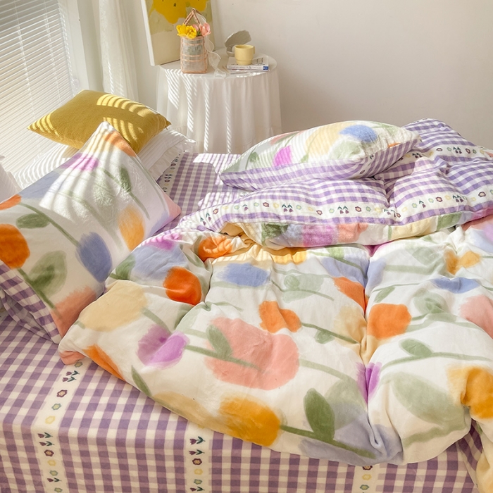 91家纺网 家纺一手货源 找家纺 安哆啦 2021新款220g牛奶绒简约款四件套 彩色郁金香