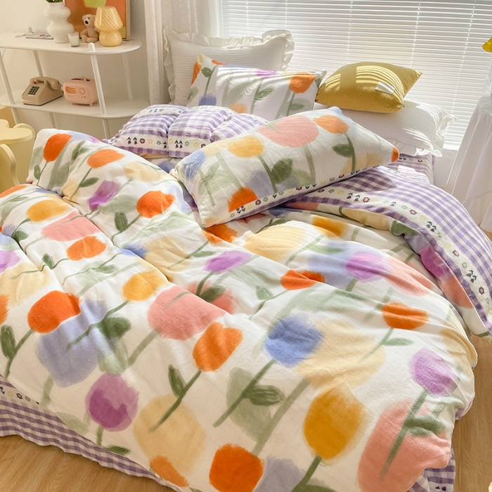 91家纺网 家纺一手货源 找家纺 安哆啦 2021新款220g牛奶绒简约款四件套 彩色郁金香