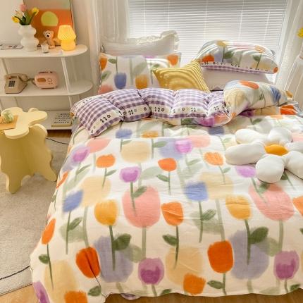 安哆啦 2021新款220g牛奶绒简约款四件套 彩色郁金香