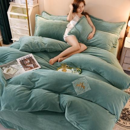 寐居 2021高克重牛奶绒宝宝绒刺绣四件套 麋鹿-海洋蓝