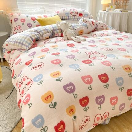 91家纺网 家纺一手货源 找家纺 安哆啦 2021新款220g牛奶绒简约款四件套 花中兔