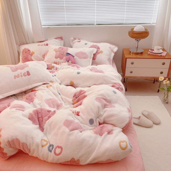 91家纺网 家纺一手货源 找家纺 川悦生活 2021新款立体雪花绒四件套直播供货爱心恐龙