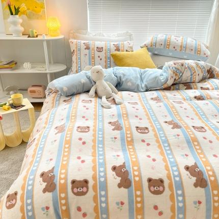 91家纺网 家纺一手货源 找家纺 安哆啦 2021新款220g牛奶绒简约款四件套 可爱熊