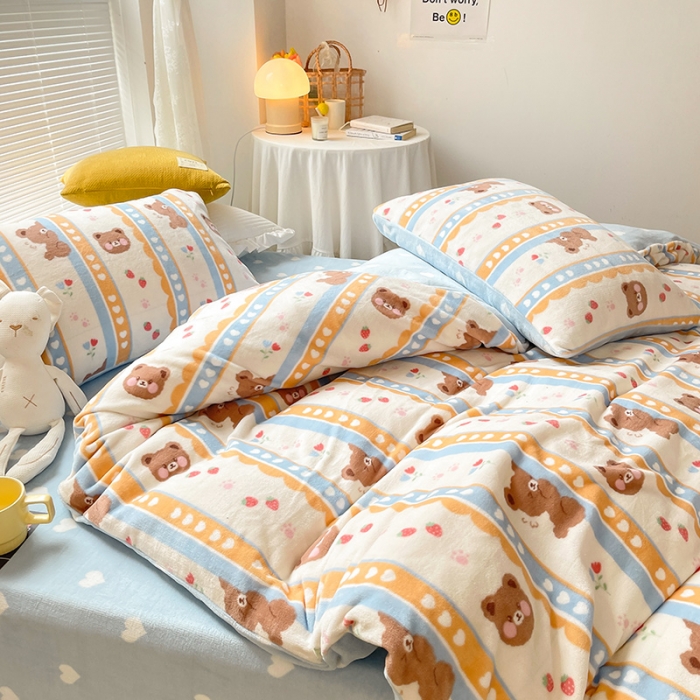 91家纺网 家纺一手货源 找家纺 安哆啦 2021新款220g牛奶绒简约款四件套 可爱熊