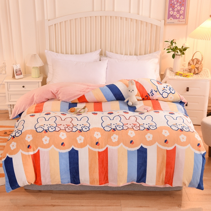 91家纺网 家纺一手货源 找家纺 眠博士 2021新款印花款多功能毛毯单被套彩条兔