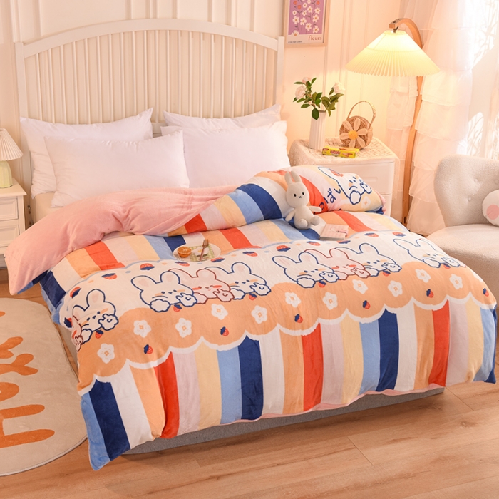 91家纺网 家纺一手货源 找家纺 眠博士 2021新款印花款多功能毛毯单被套彩条兔