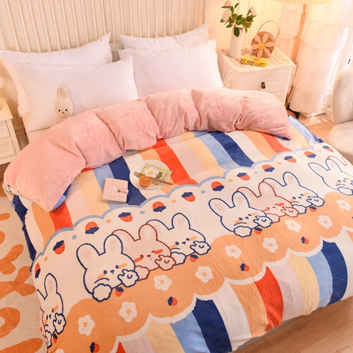 91家纺网 家纺一手货源 找家纺 眠博士 2021新款印花款多功能毛毯单被套彩条兔