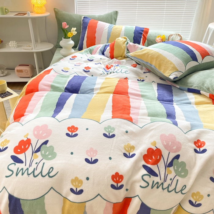 91家纺网 家纺一手货源 找家纺 安哆啦 2021新款220g牛奶绒简约款四件套 炫彩花朵