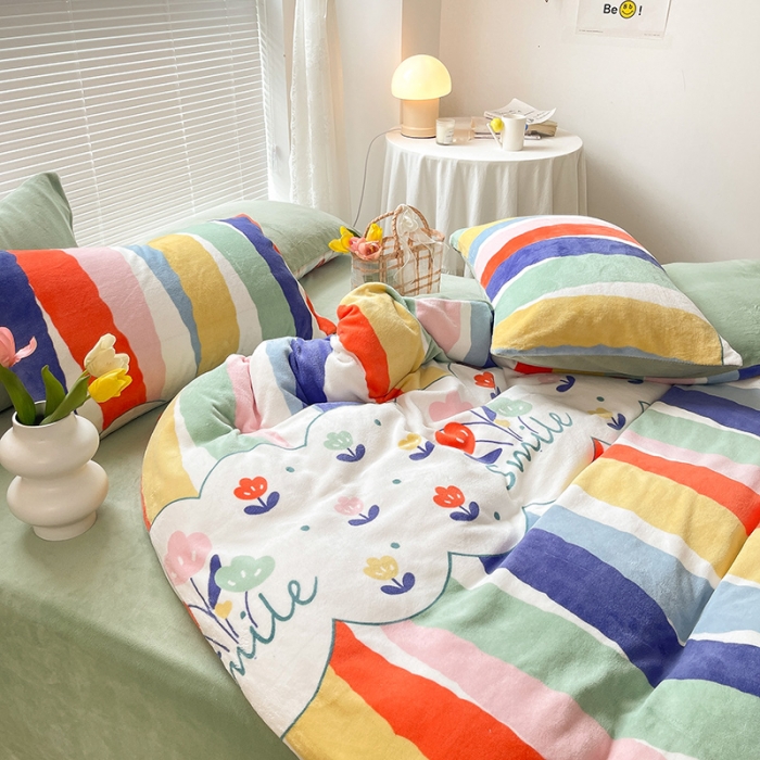 91家纺网 家纺一手货源 找家纺 安哆啦 2021新款220g牛奶绒简约款四件套 炫彩花朵