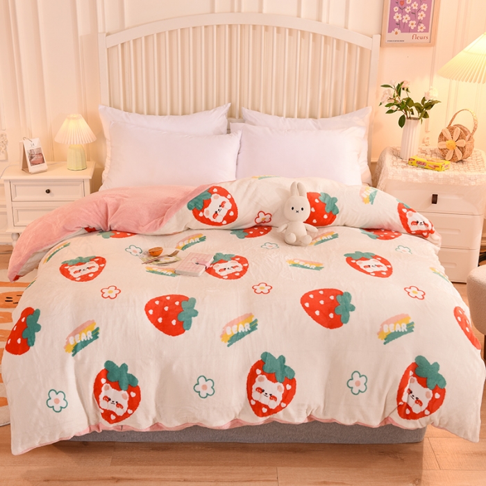 91家纺网 家纺一手货源 找家纺 眠博士 2021新款印花款多功能毛毯单被套草莓熊