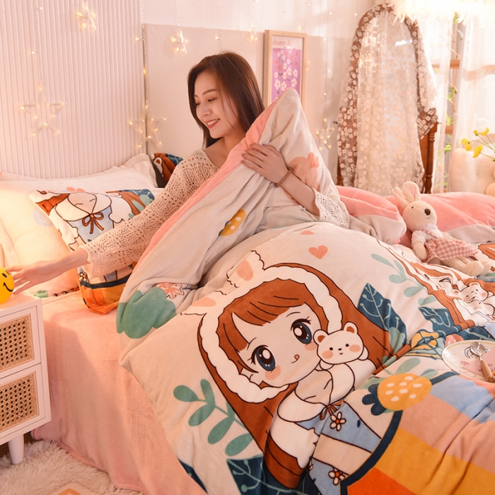 91家纺网 家纺一手货源 找家纺 眠博士 2021新款印花款多功能毛毯单被套快乐女孩