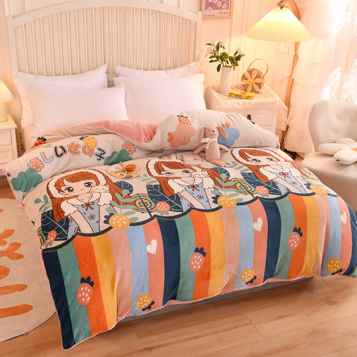 91家纺网 家纺一手货源 找家纺 眠博士 2021新款印花款多功能毛毯单被套快乐女孩