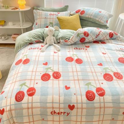 91家纺网 家纺一手货源 找家纺 安哆啦 2021新款220g牛奶绒简约款四件套 樱桃兔兔