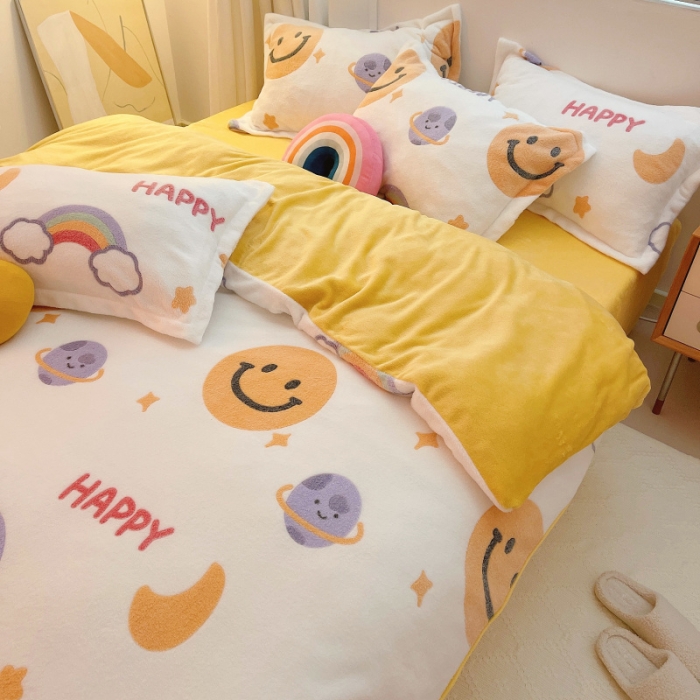 91家纺网 家纺一手货源 找家纺 川悦生活 2021新款立体雪花绒四件套直播供货 欢乐微笑