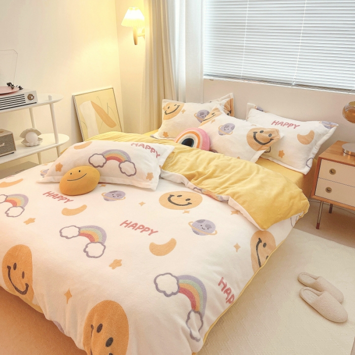 91家纺网 家纺一手货源 找家纺 川悦生活 2021新款立体雪花绒四件套直播供货 欢乐微笑