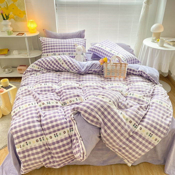 91家纺网 家纺一手货源 找家纺 安哆啦 2021新款220g牛奶绒简约款四件套 郁金香紫