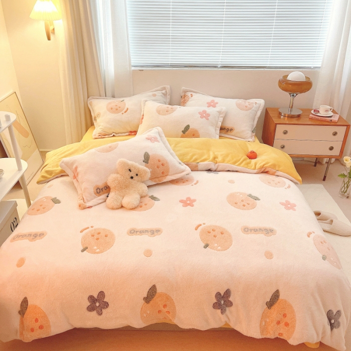 91家纺网 家纺一手货源 找家纺 川悦生活 2021新款立体雪花绒四件套直播供货 皇冠小橘