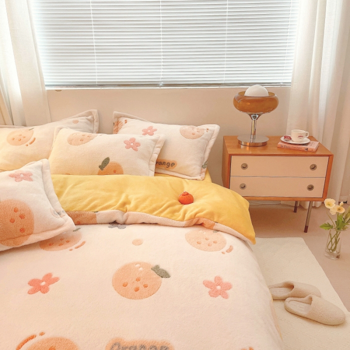 91家纺网 家纺一手货源 找家纺 川悦生活 2021新款立体雪花绒四件套直播供货 皇冠小橘