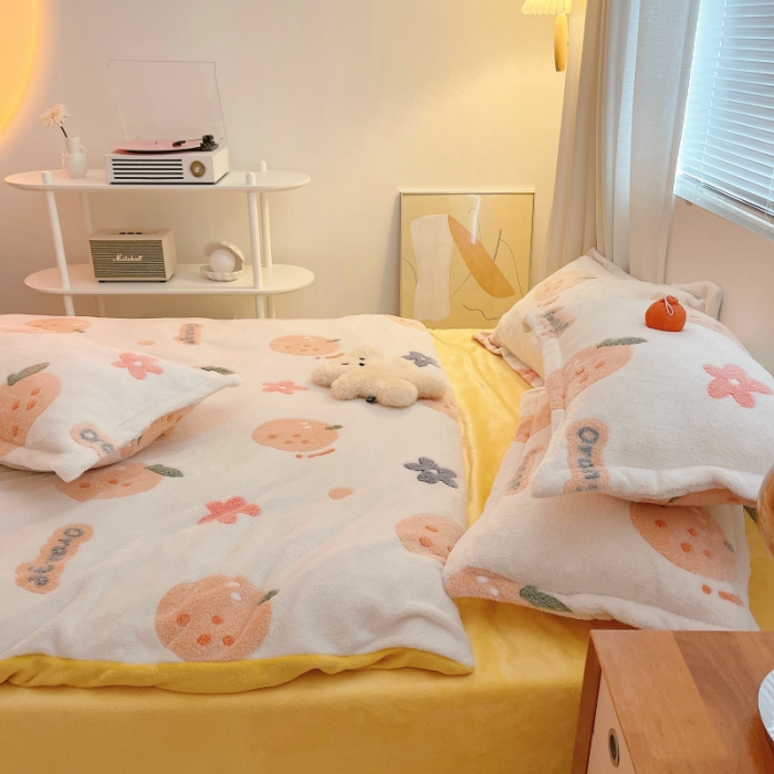 91家纺网 家纺一手货源 找家纺 川悦生活 2021新款立体雪花绒四件套直播供货 皇冠小橘