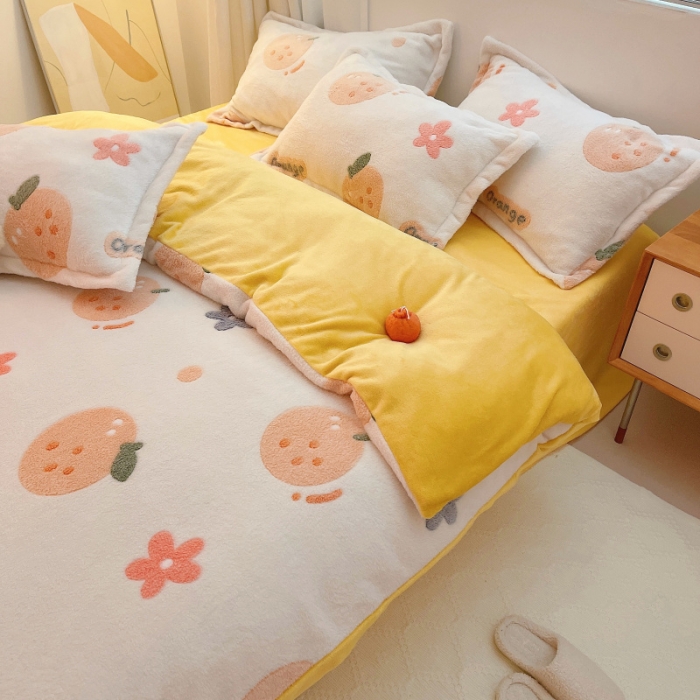 91家纺网 家纺一手货源 找家纺 川悦生活 2021新款立体雪花绒四件套直播供货 皇冠小橘