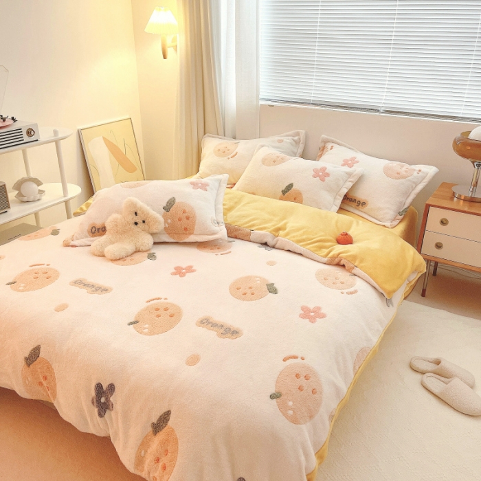 91家纺网 家纺一手货源 找家纺 川悦生活 2021新款立体雪花绒四件套直播供货 皇冠小橘