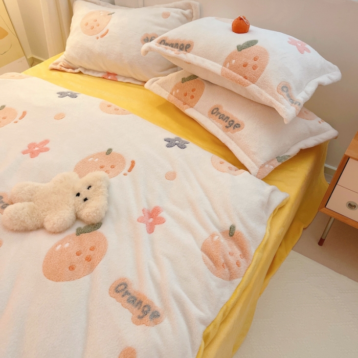 91家纺网 家纺一手货源 找家纺 川悦生活 2021新款立体雪花绒四件套直播供货 皇冠小橘