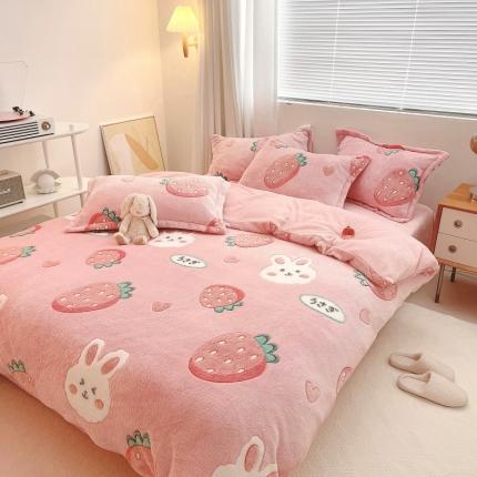 91家纺网 家纺一手货源 找家纺 川悦生活 2021新款立体雪花绒四件套直播供货 幸运草莓兔