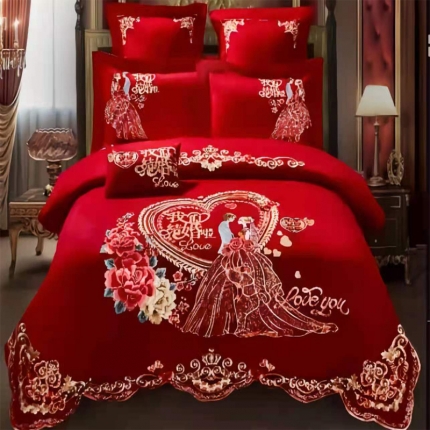 91家纺网 家纺一手货源 找家纺 （总）梦丝语家纺婚庆四件套长绒棉全棉圆角床单式一件代发