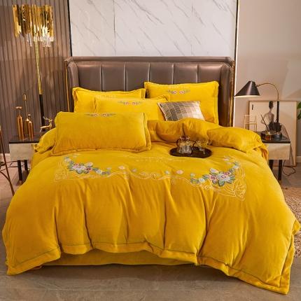 91家纺网 家纺一手货源 找家纺 2024新款220克加厚牛奶绒一字绣四件套 前程似锦-姜黄