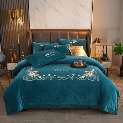 91家纺网 家纺一手货源 找家纺 新款220克加厚牛奶绒毛巾绣一字绣四件套 前程似锦蓝绿